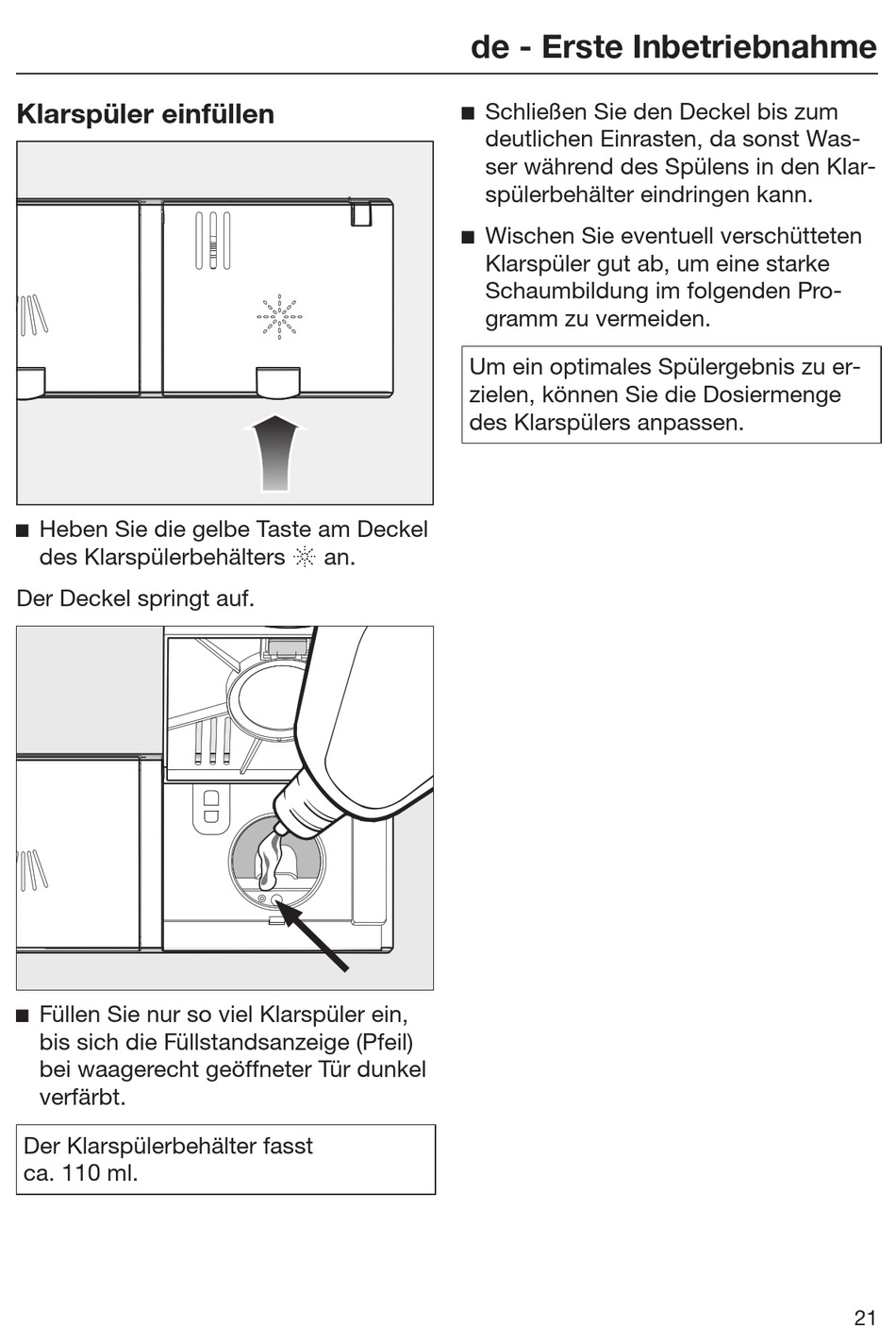 Klarspüler Einfüllen Miele PFD 104 SCVi Kurzgebrauchsanweisung Seite