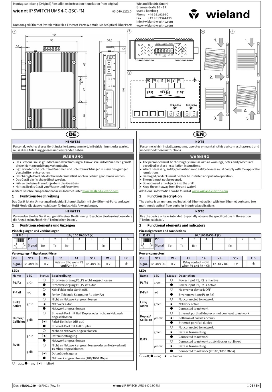 WIELAND WIENET IP SWITCH UMS 4 C 2SC FM MONTAGEANLEITUNG Pdf