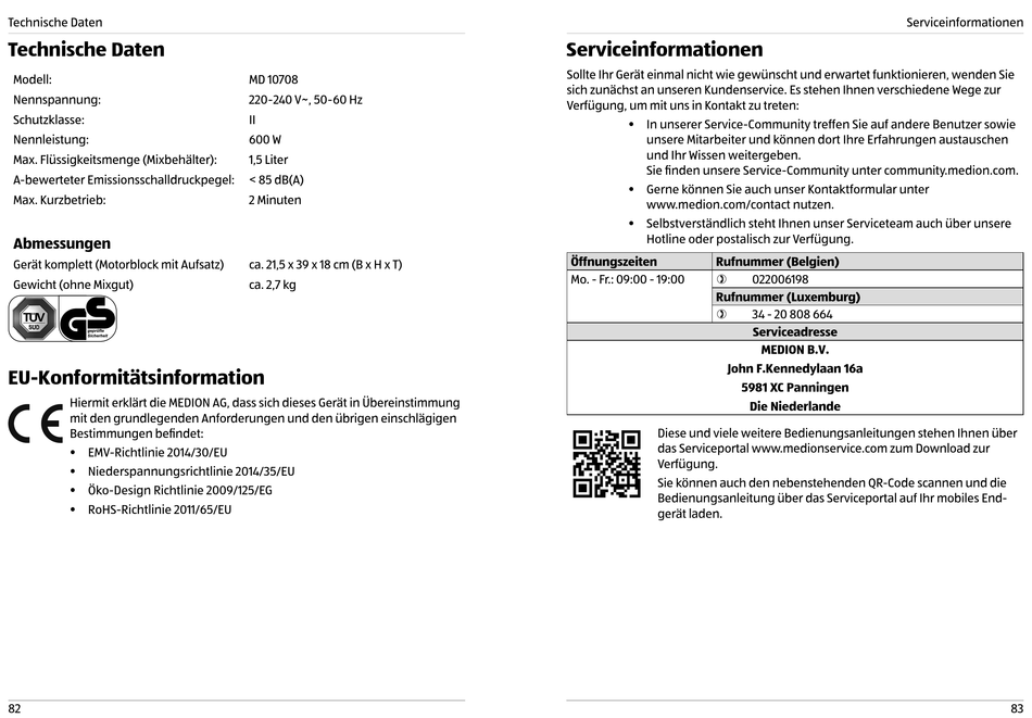 Technische Daten Eu Konformitätsinformation Serviceinformationen