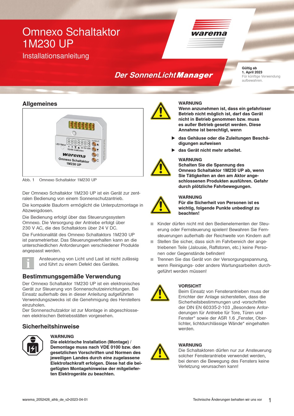 WAREMA OMNEXO 1M230 UP INSTALLATIONSANLEITUNG Pdf Herunterladen