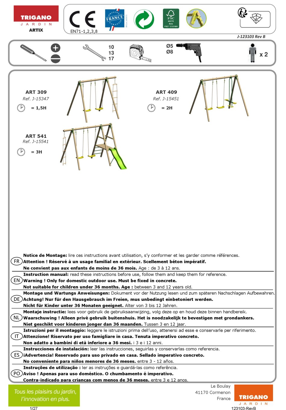 Trigano Jardin Art J Montage Und Wartungs Anweisungen Pdf