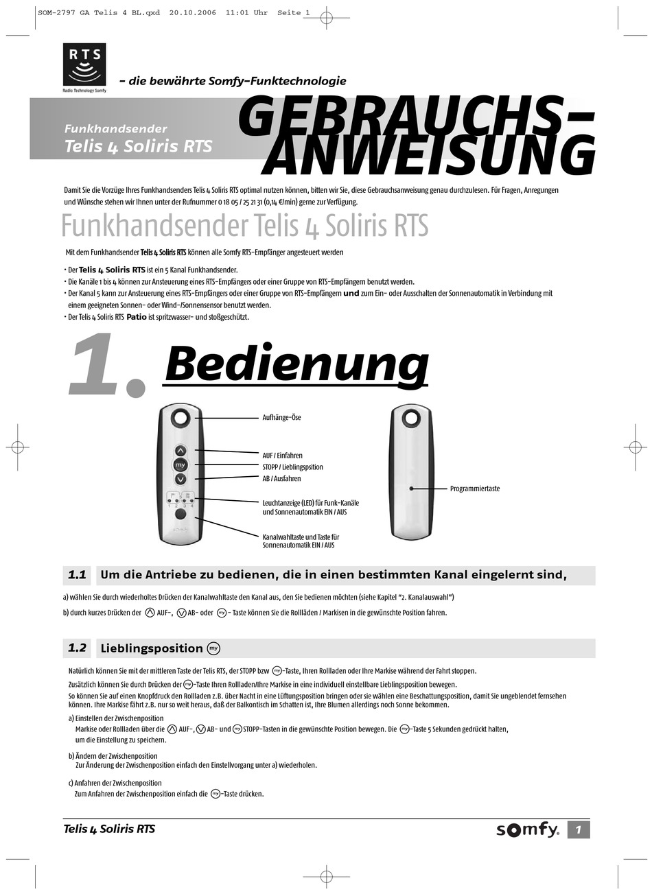 SOMFY TELIS 4 SOLIRIS RTS GEBRAUCHSANWEISUNG Pdf Herunterladen ManualsLib