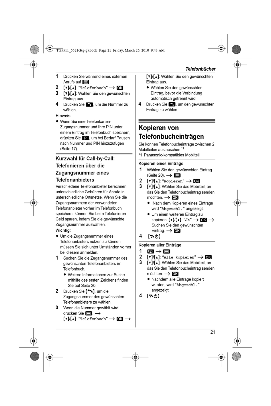 Kopieren Von Telefonbucheinträgen Panasonic KX TG5511G