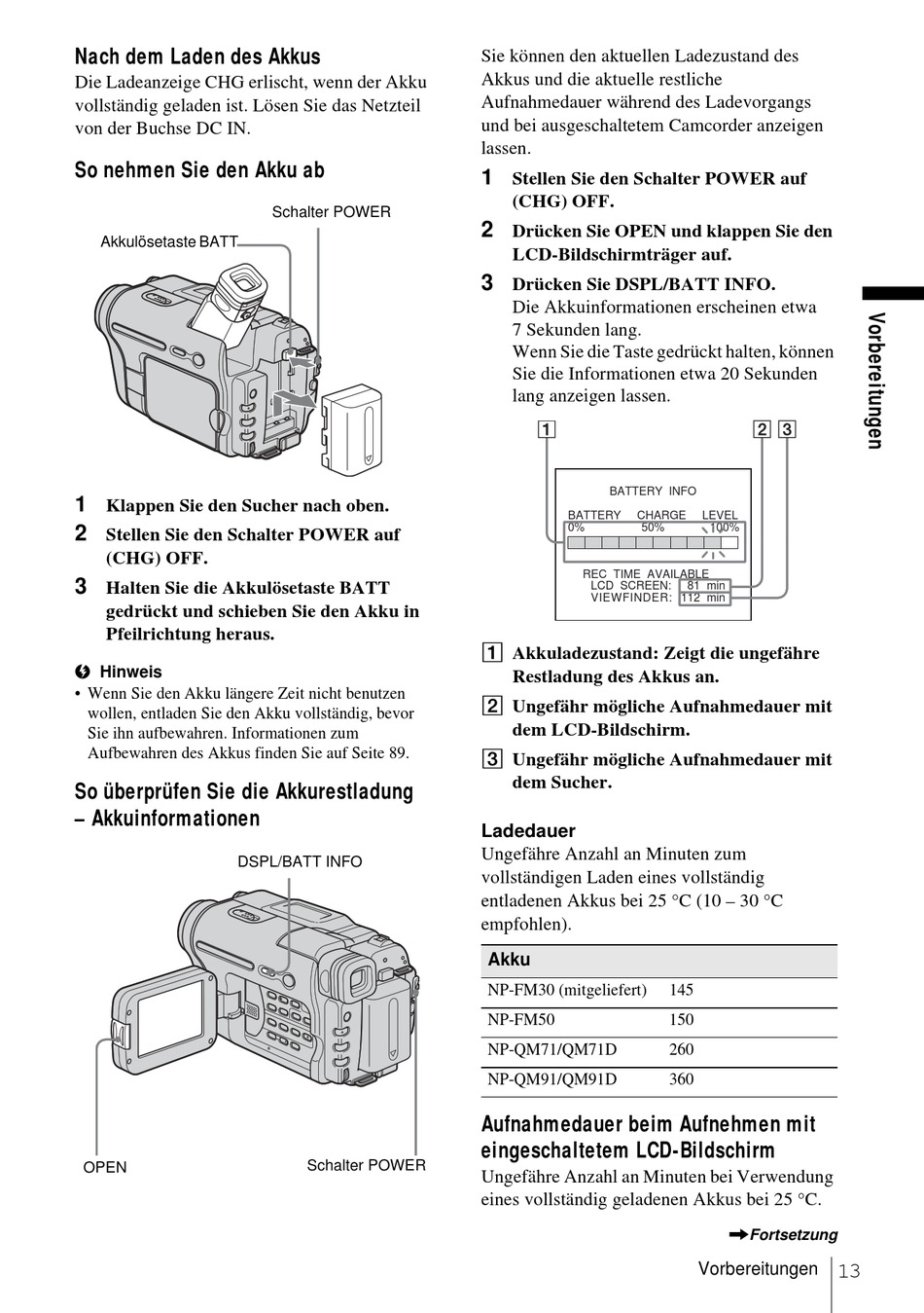 So Überprüfen Sie Die Akkurestladung Akkuinformationen; Aufnahmedauer