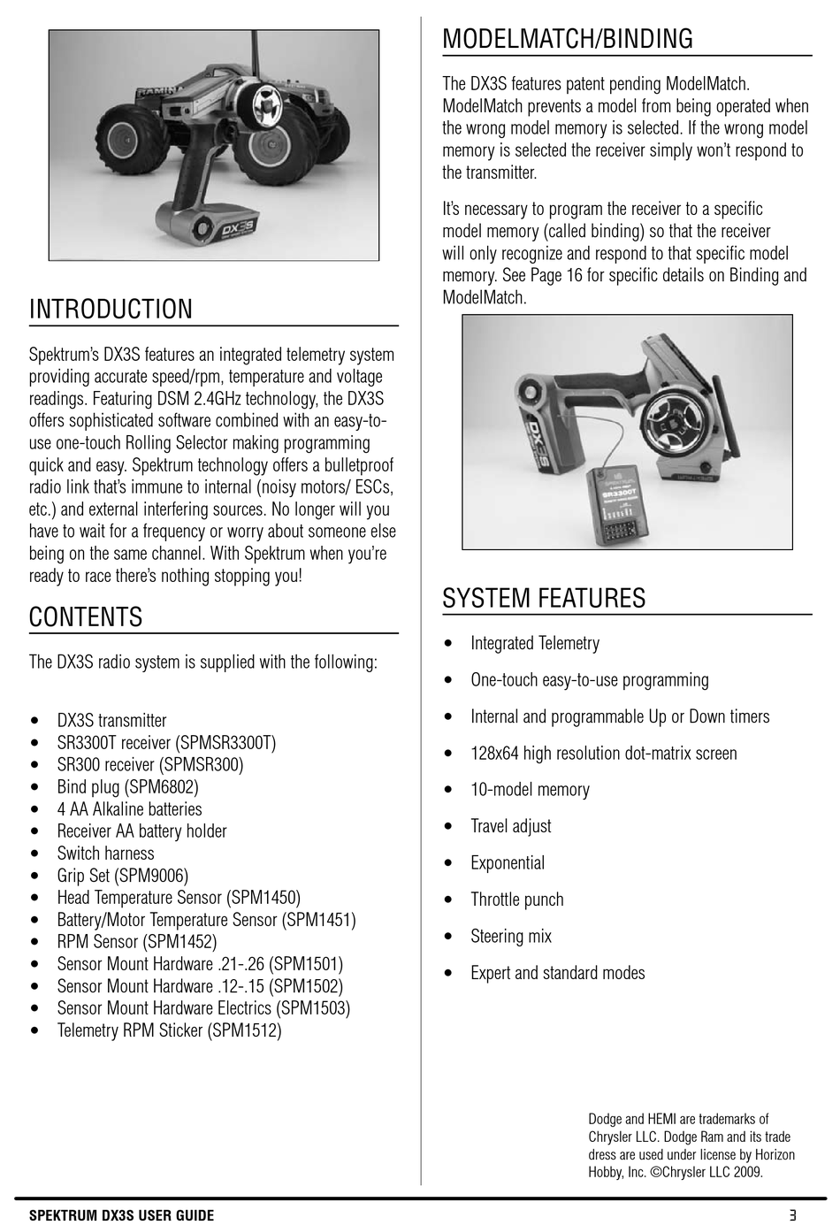 Introduction; Contents; Modelmatch/Binding; System Features Spektrum