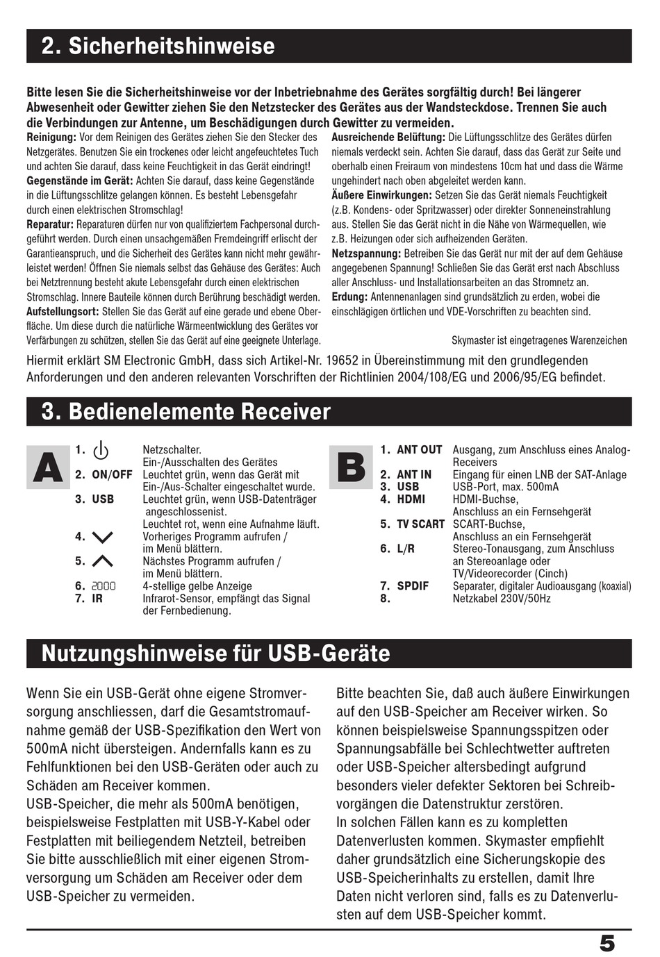 Sicherheitshinweise; Bedienelemente Receiver; Nutzungshinweise Für Usb ...