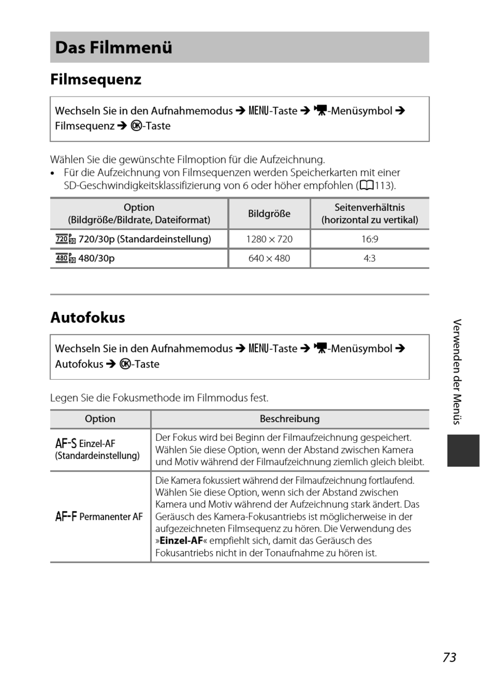 Das Filmmenü; Filmsequenz; Autofokus Nikon Coolpix L340