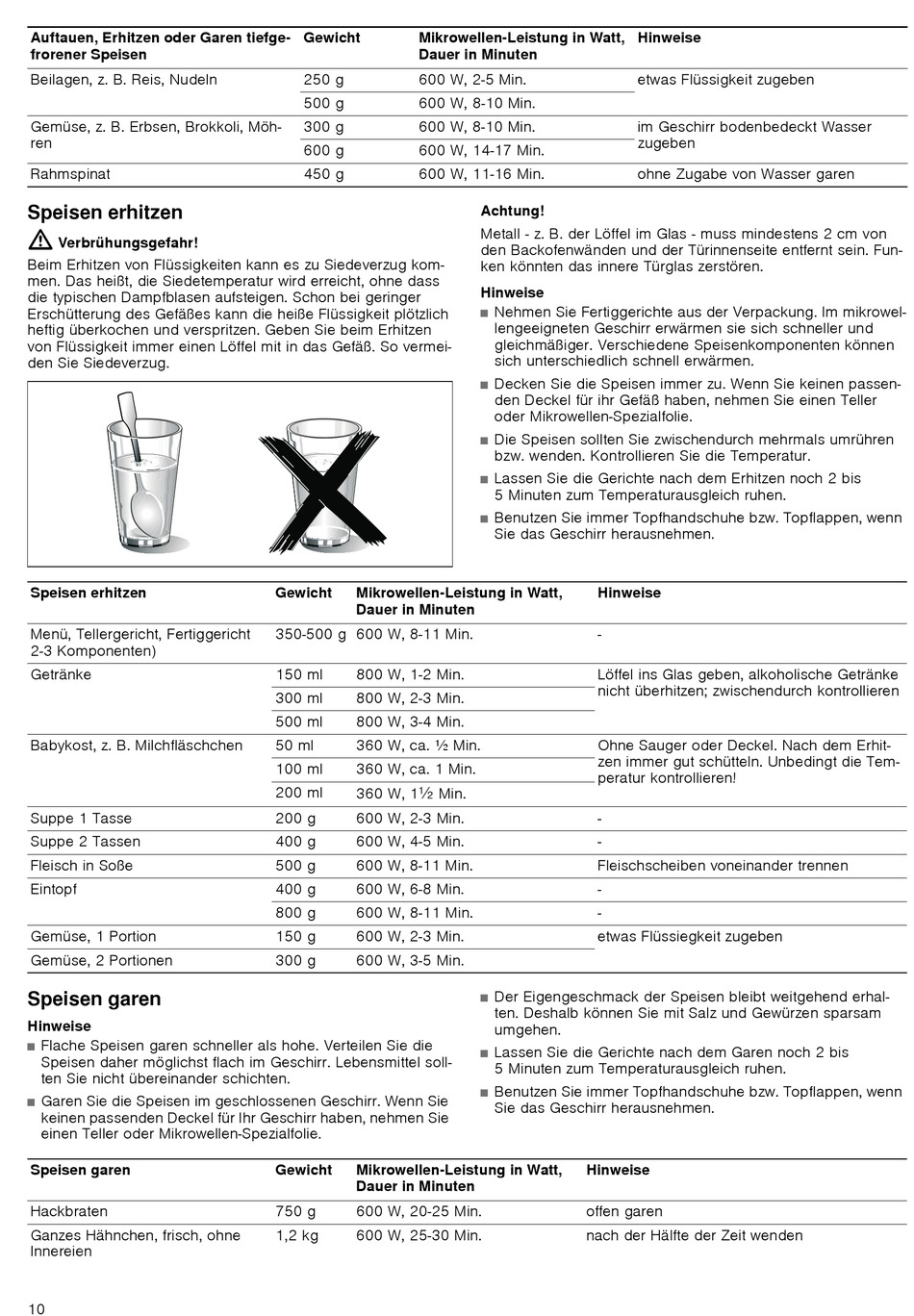 Speisen Erhitzen; Speisen Garen - Siemens HF12M240 Gebrauchsanleitung ...
