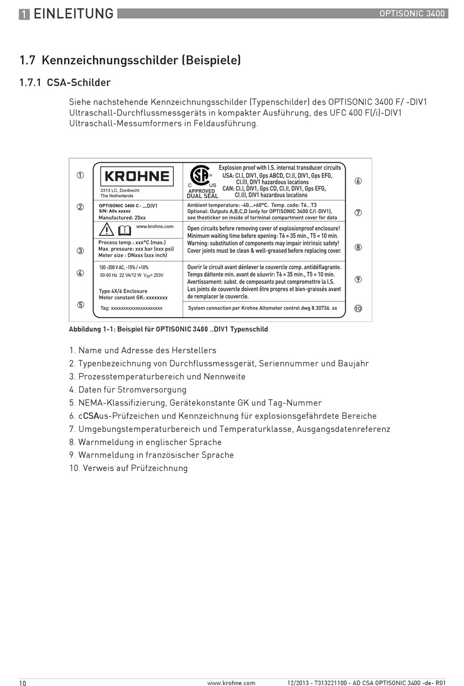 Kennzeichnungsschilder (Beispiele); Csa-Schilder - KROHNE OPTISONIC ...