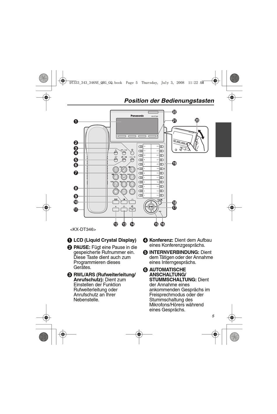 Position Der Bedienungstasten Panasonic KXDT333 Kurzanleitung [Seite