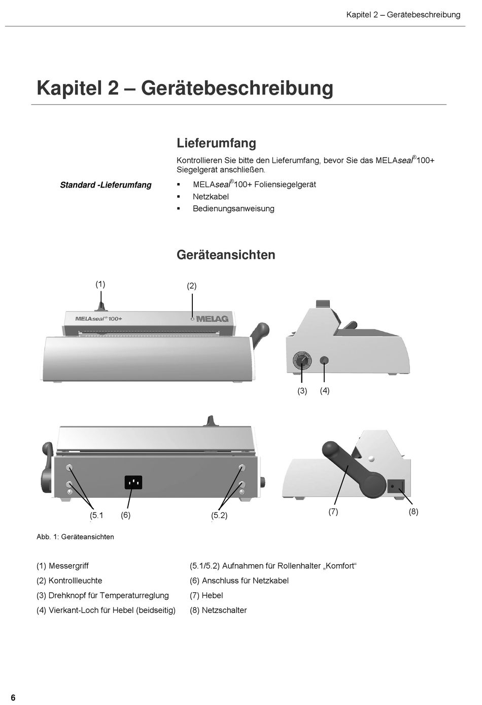 Kapitel 2 Gerätebeschreibung; Lieferumfang; Geräteansichten MELAG MELAseal 100