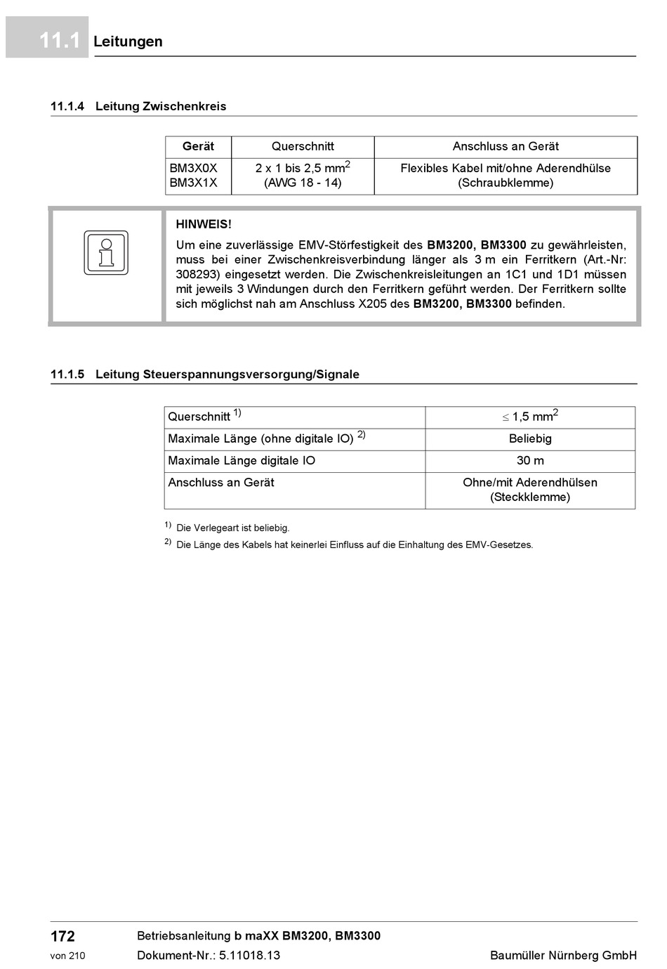 Leitung Zwischenkreis; Leitung Steuerspannungsversorgung/Signale ...