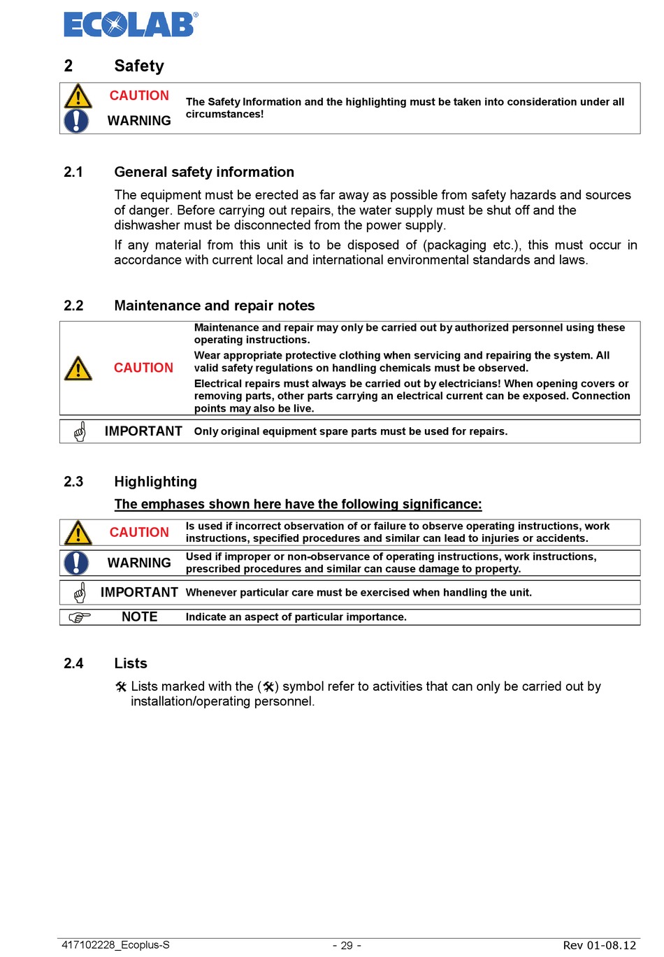 Safety; General Safety Information; Maintenance And Repair Notes ...