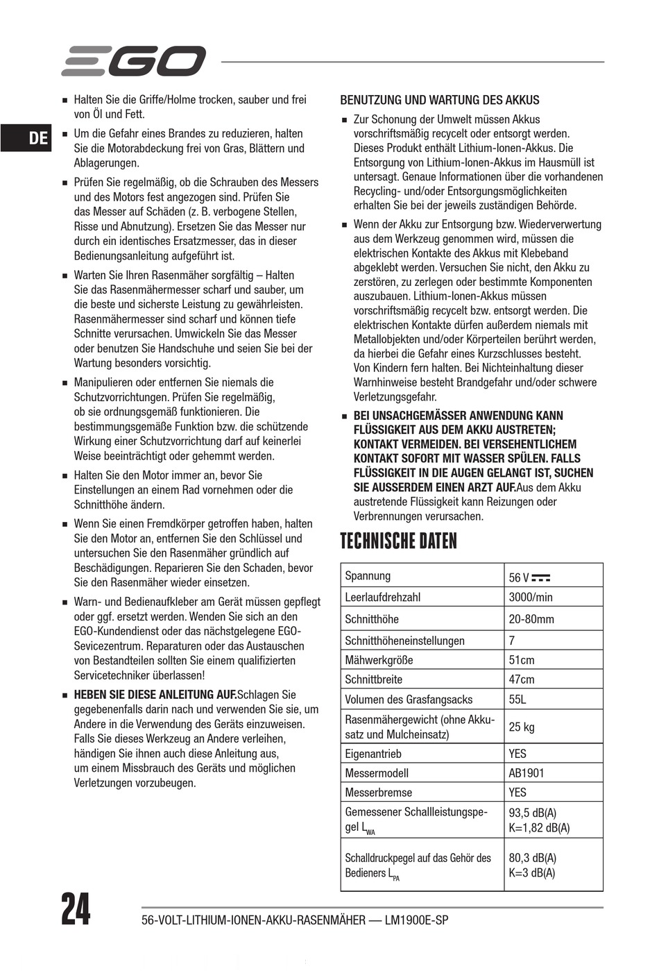 Technische Daten - EGO LM1900E-SP Bedienungsanleitung [Seite 12 ...