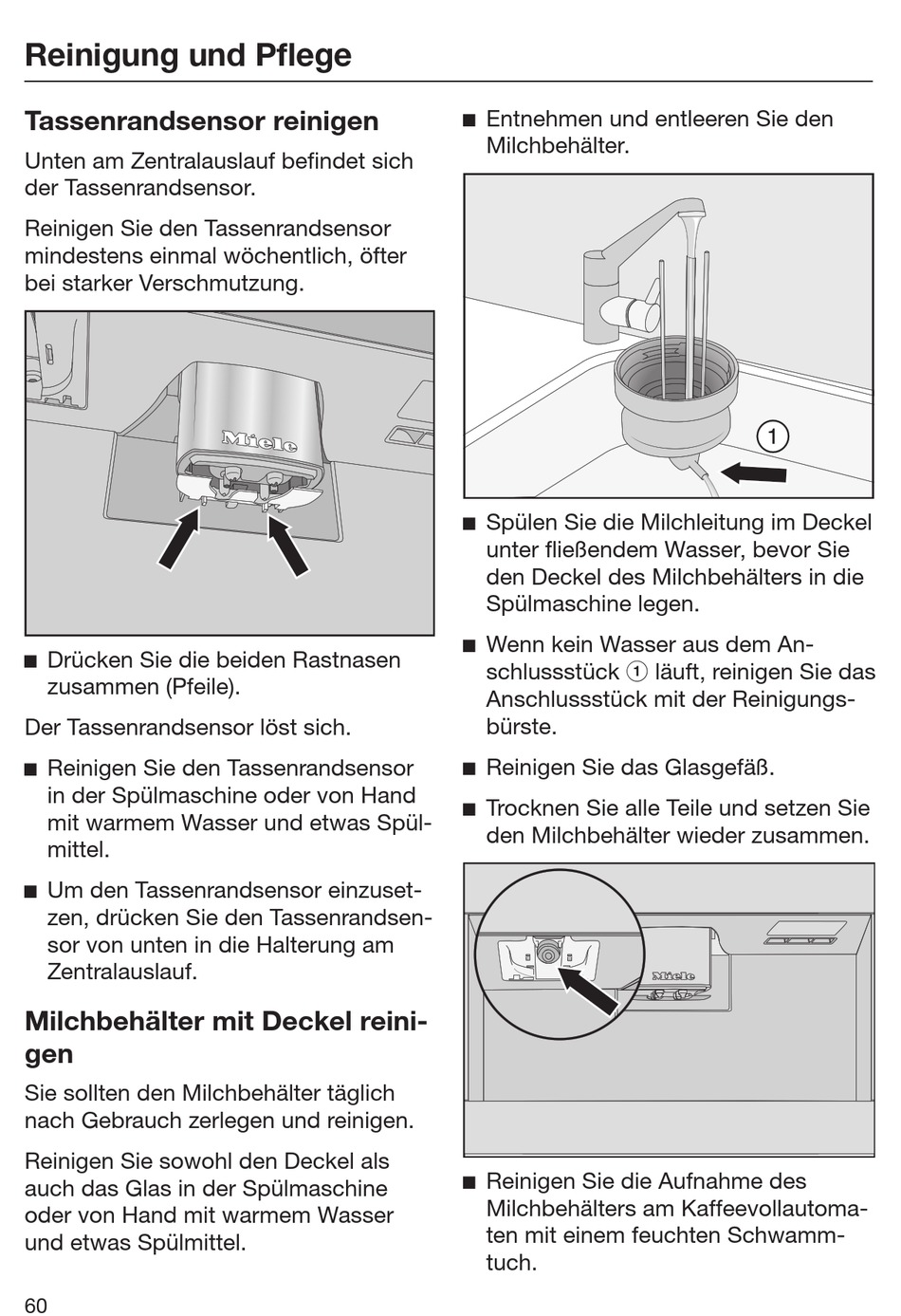 Tassenrandsensor Reinigen Milchbehalter Mit Deckel Reinigen Miele Cva 7445 Gebrauchs Und Montageanweisung Seite 60 Manualslib