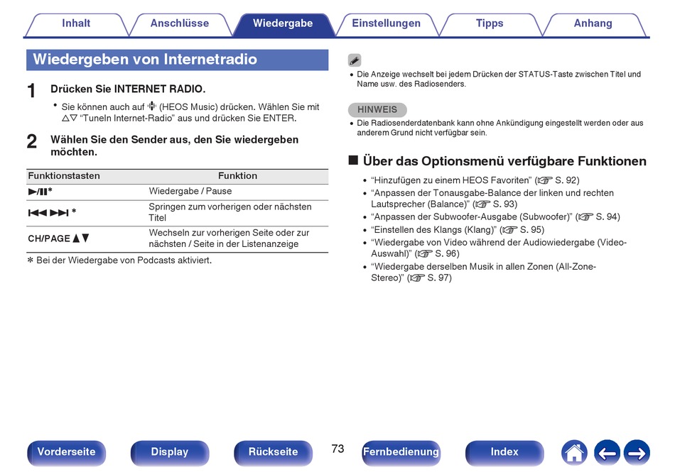 Wiedergeben Von Denon DRA800H Bedienungsanleitung