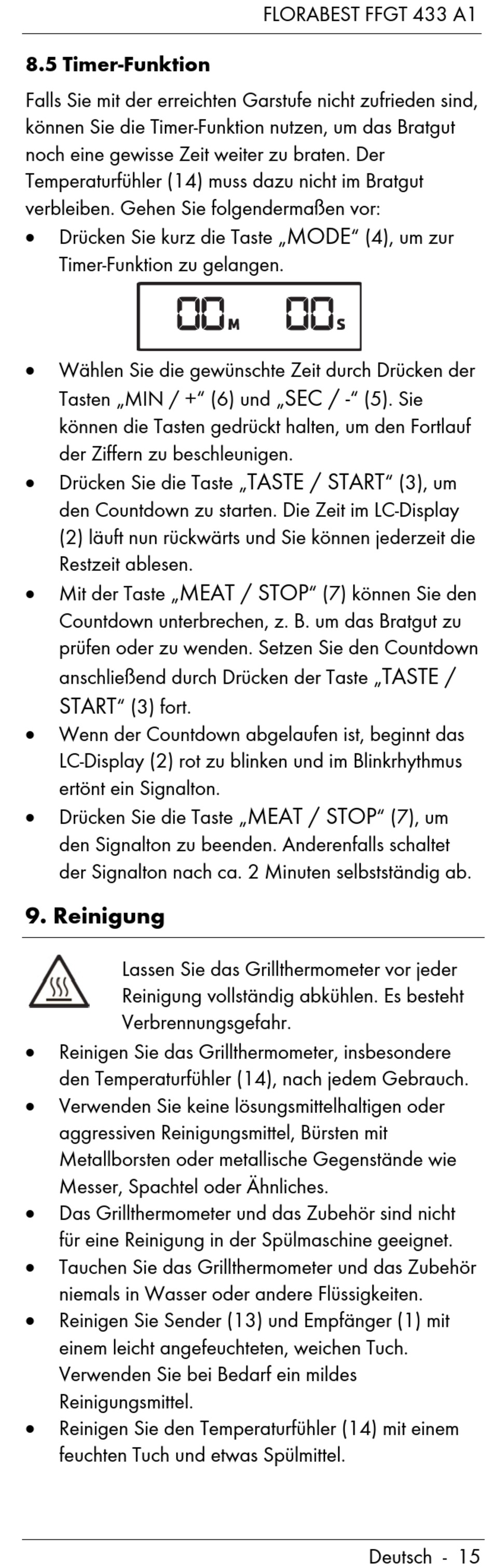 TimerFunktion; Reinigung FLORABEST FFGT 433 A1 Bedienungsanleitung