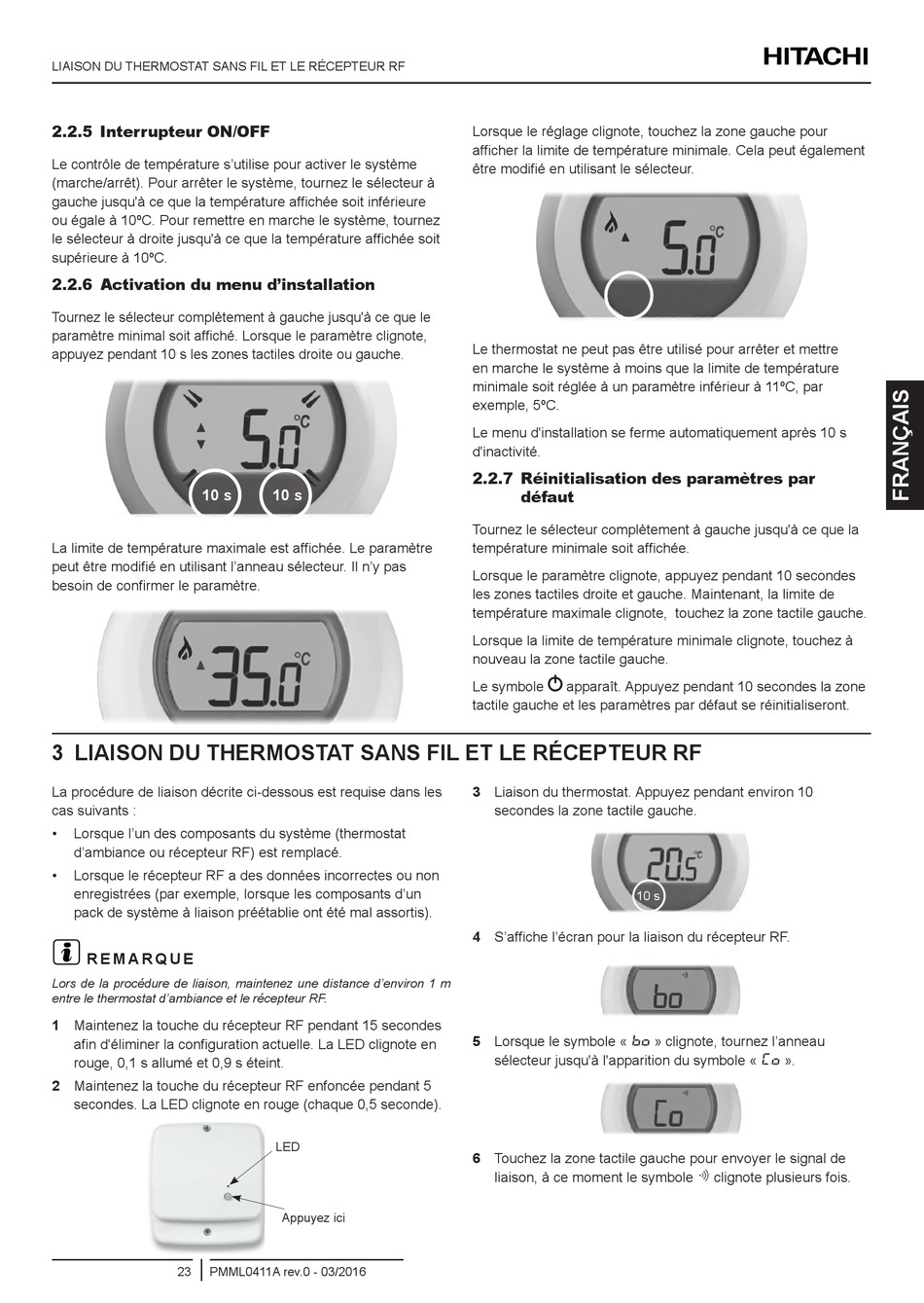 Liaison Du Thermostat Sans Fil Et Le Récepteur Rf - Hitachi ATW-RTU-05  Installations- Und Betriebshandbuch [Seite 29] | ManualsLib