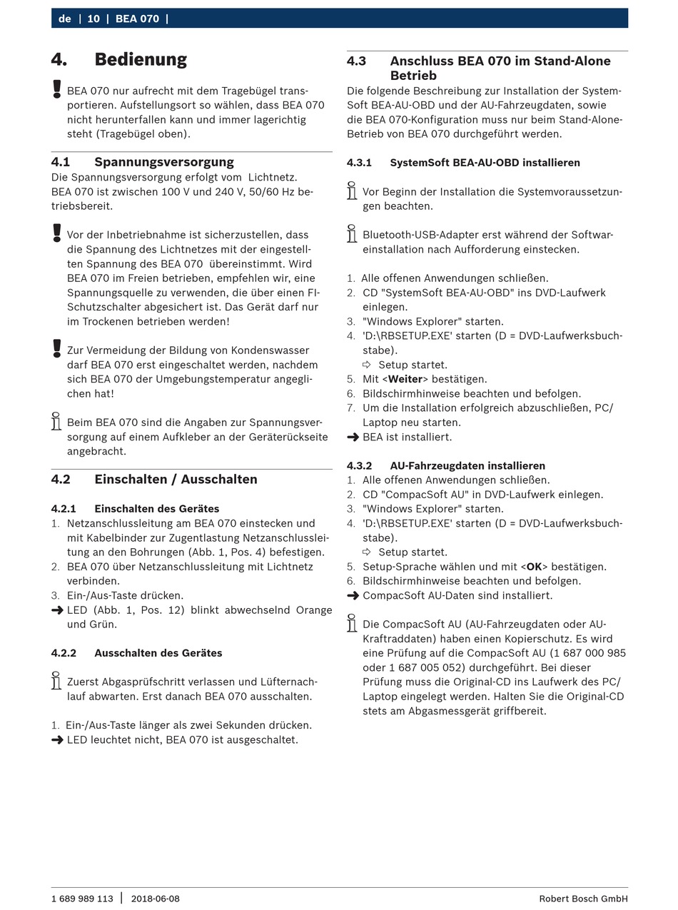 Bedienung; Spannungsversorgung; Einschalten / Ausschalten; Einschalten ...