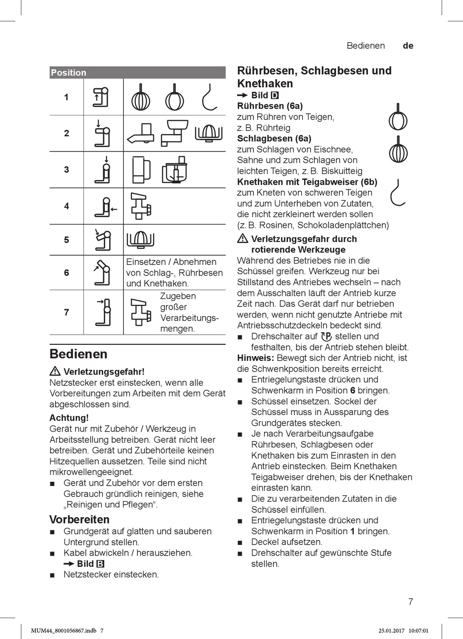 Bedienen; Vorbereiten; Rührbesen, Schlagbesen Und Knethaken - Bosch ...