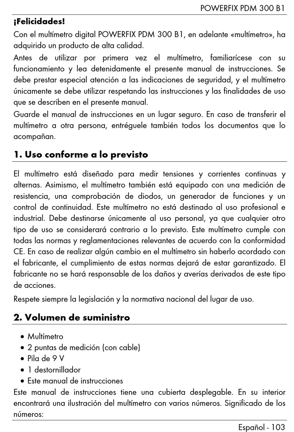 Español; Uso Conforme Lo Previsto; Volumen De Suministro - Powerfix Profi PDM 300 B1 Bedienungs- Und Sicherheitshinweise [Seite 105] | ManualsLib