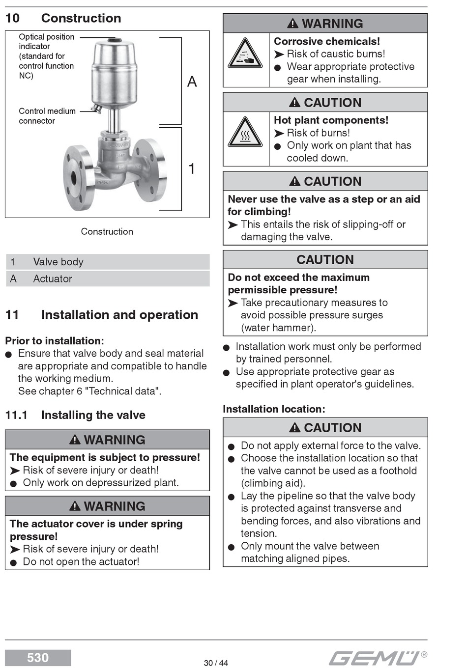 Construction; Installation And Operation; Installing The Valve Gemü 530 Original Einbau Und