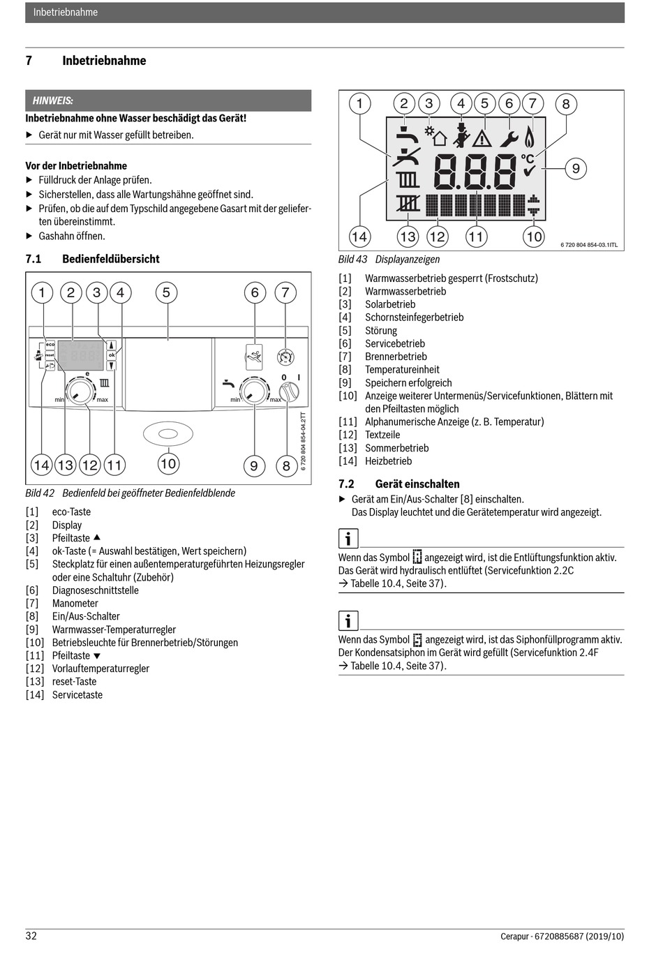 Inbetriebnahme; Bedienfeldübersicht; Gerät Einschalten - Junkers ...