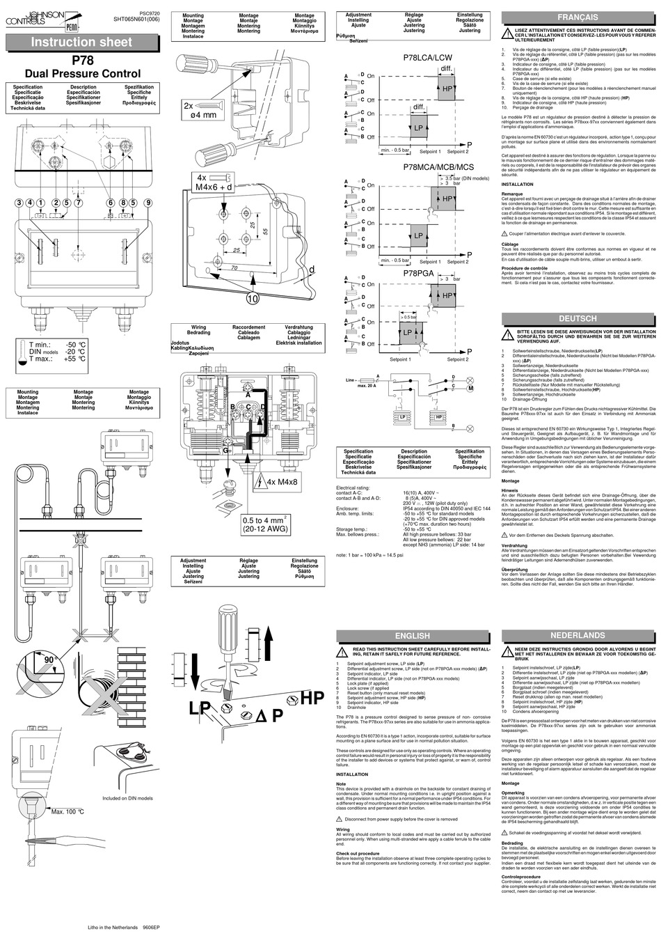 Instruction Sheet Johnson Controls P78 Installationsanweisungen