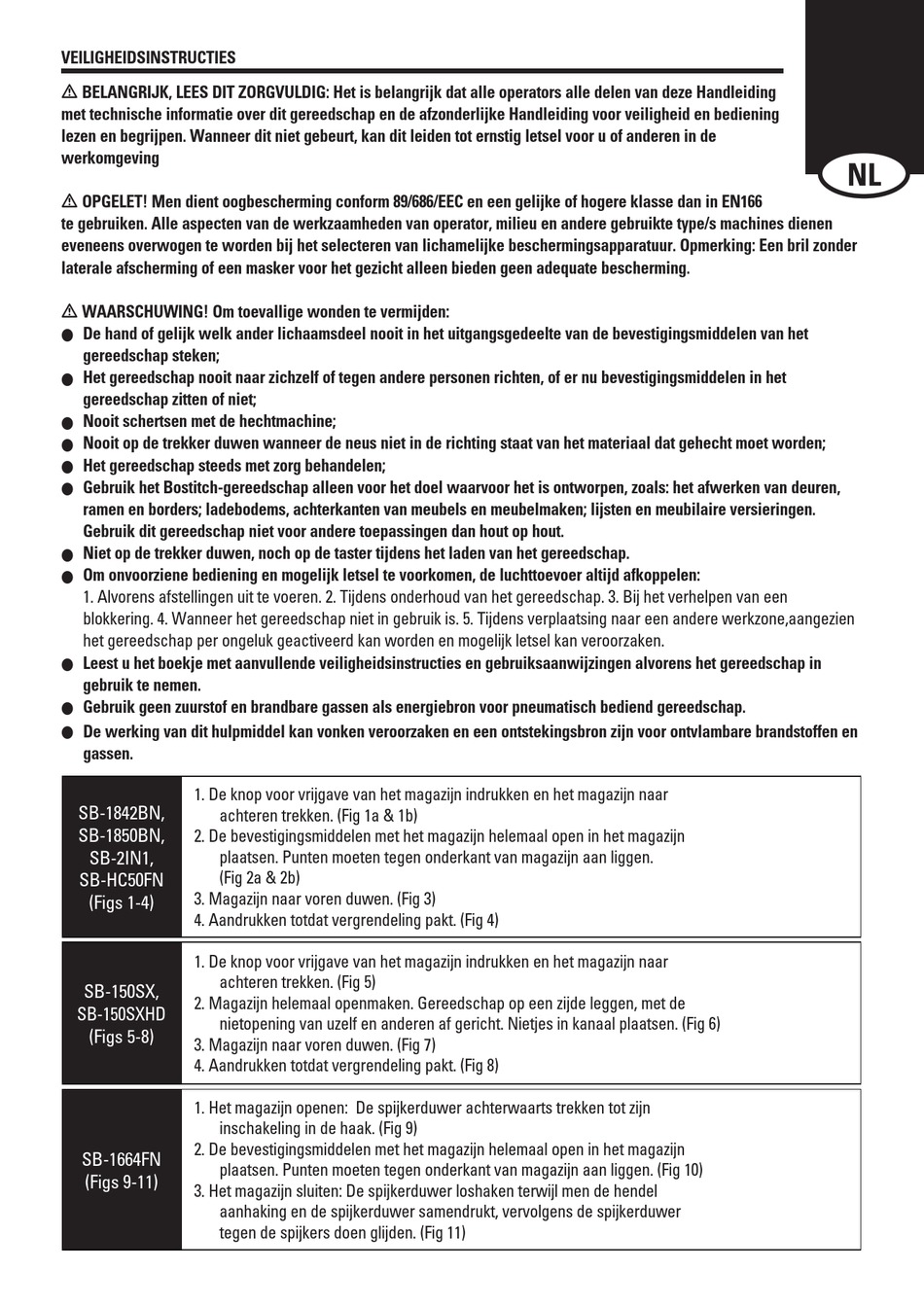 Veiligheidsinstructies Bostitch SB150SX Technische Gerätedaten