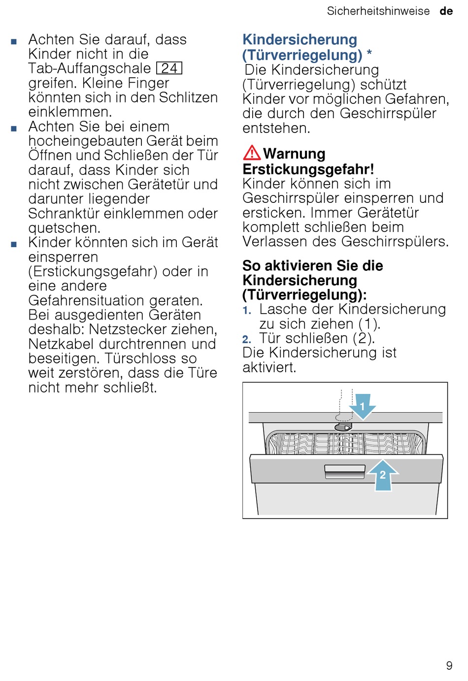 Kindersicherung (Türverriegelung); Türverriegelung Bosch SM Serie Gebrauchsanleitung [Seite 9
