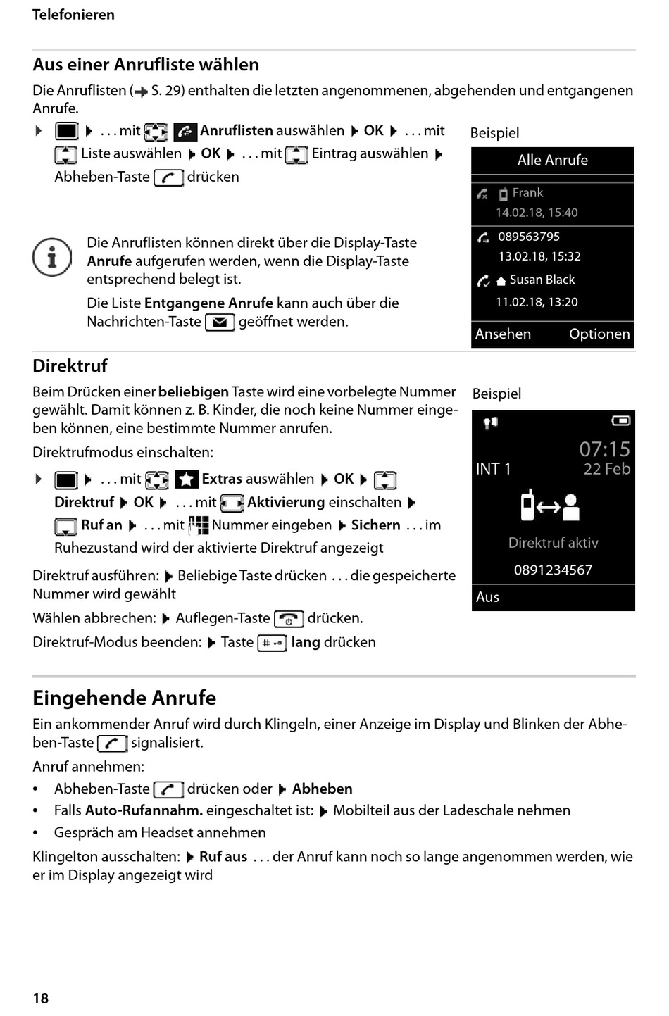 Aus Einer Anrufliste Wählen; Direktruf; Eingehende Anrufe - Gigaset ...