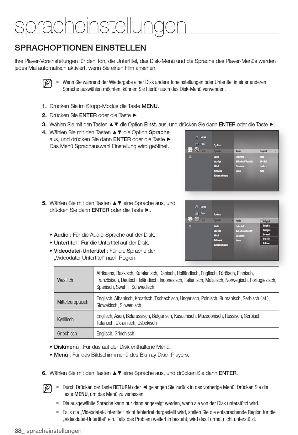 Spracheinstellungen; Sprachoptionen Einstellen Samsung BDP4600