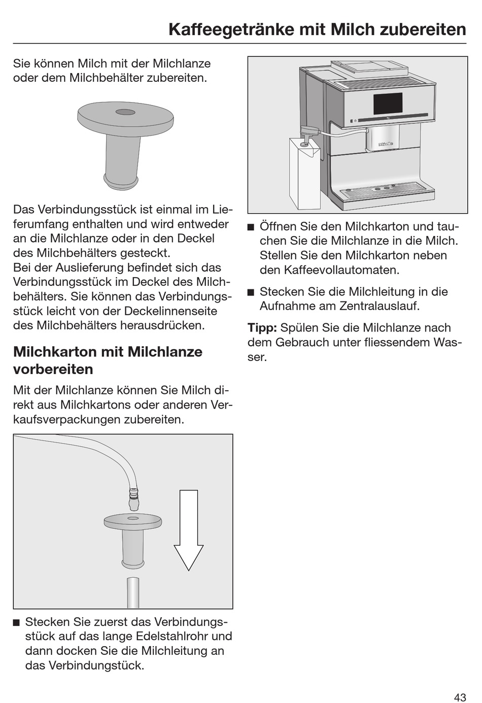 Milchkarton Mit Milchlanze Vorbereiten Miele Cm 7750 Ch Coffeeselect Gebrauchsanweisung Seite 43 Manualslib