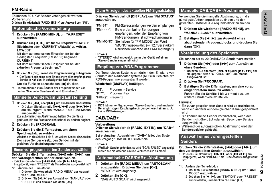FmRadio; Automatische Voreinstellung; Dab/Dab Panasonic SCPMX94