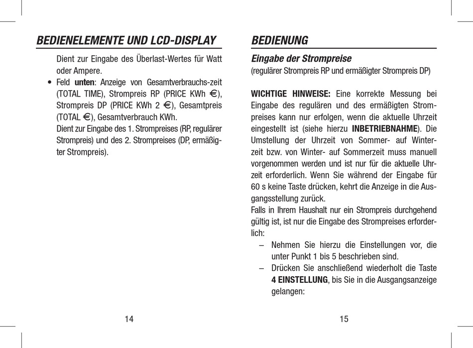 Bedienung; Eingabe Der Strompreise; Wichtige Hinweise Globaltronics