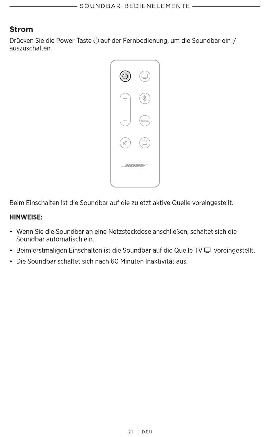 Strom Bose SOLO SOUNDBAR II Serie Bedienungsanleitung [Seite 21