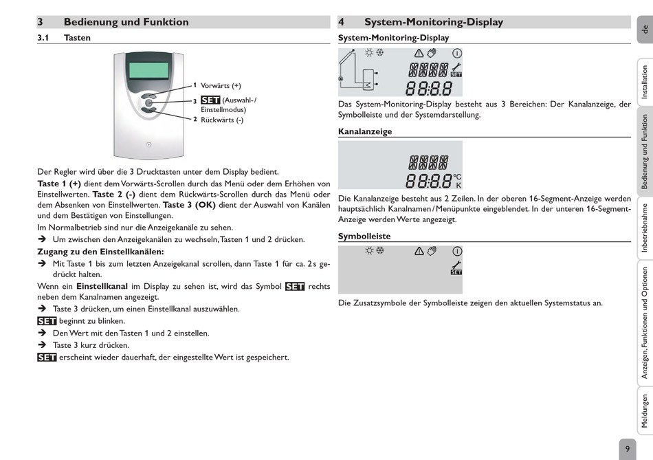 Bedienung Und Funktion; Tasten; System-Monitoring-Display - Resol ...