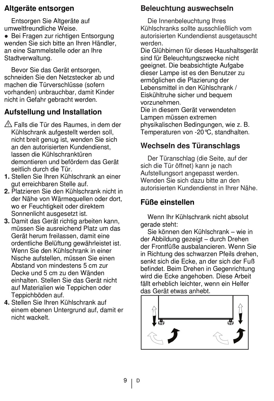 Altgerte Entsorgen; Aufstellung Und Installation; Beleuchtung