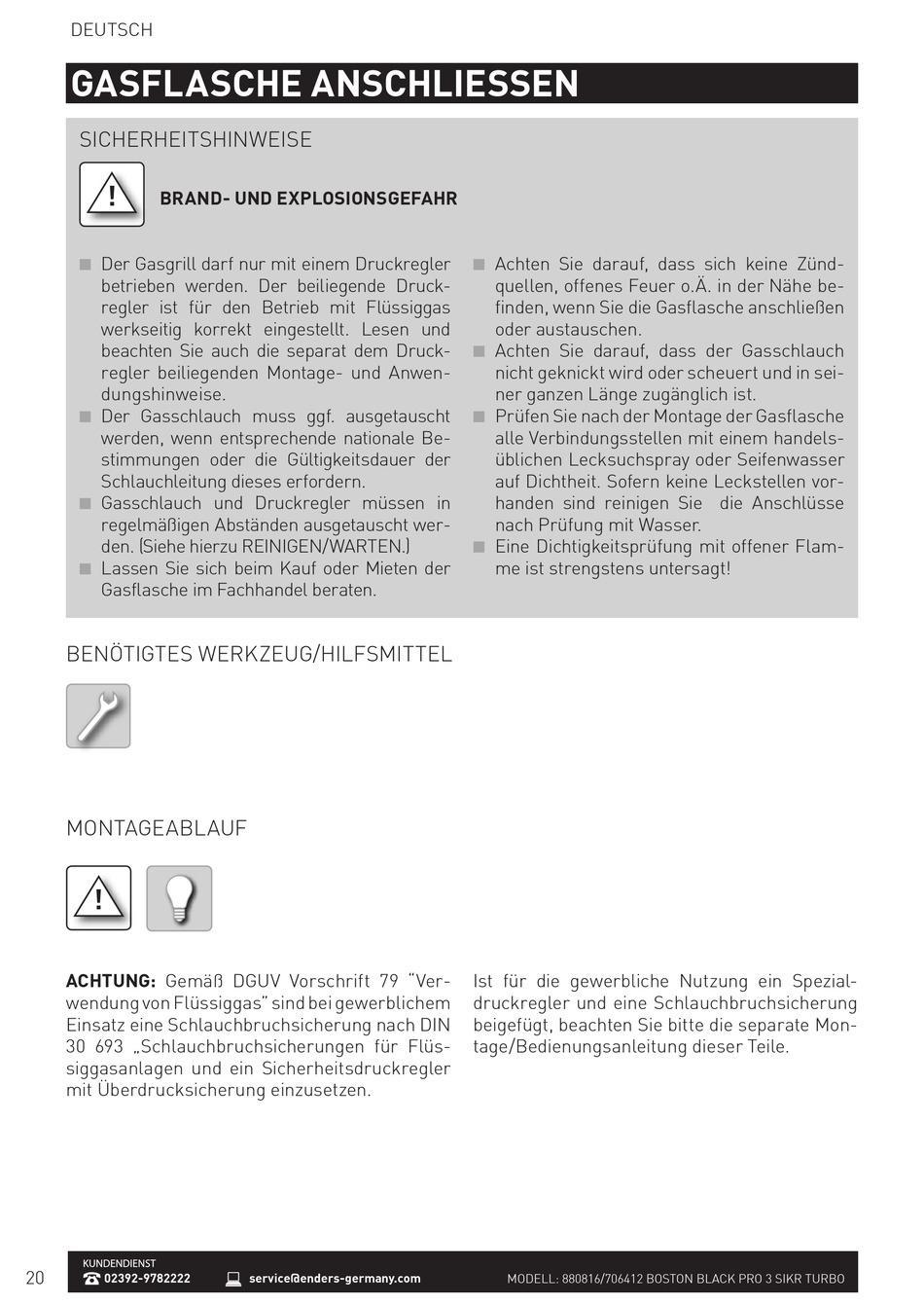 Gasflasche Anschliessen; Sicherheitshinweise; Benötigtes Werkzeug/Hilfsmittel; Montageablauf