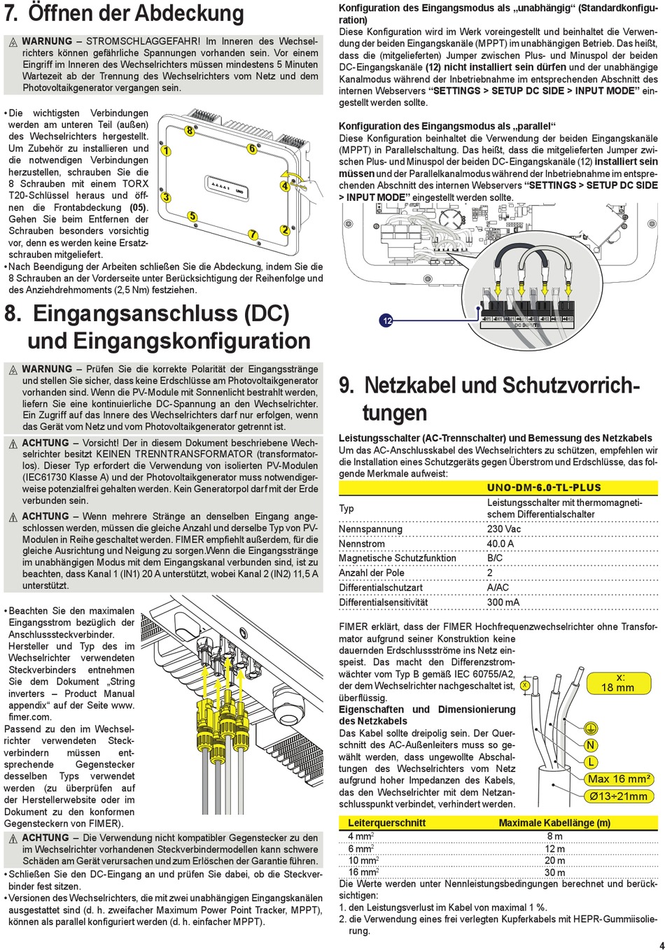 Öffnen Der Abdeckung; Netzkabel Und Schutzvorrich- Tungen - Fimer UNO ...