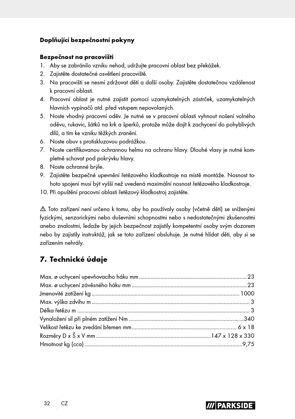 Doplňující Bezpečnostní Pokyny; Bezpečnost Na Pracovišti; Technické Údaje - Parkside  PKZ 1000 A1 Originalbetriebsanleitung [Seite 36] | ManualsLib