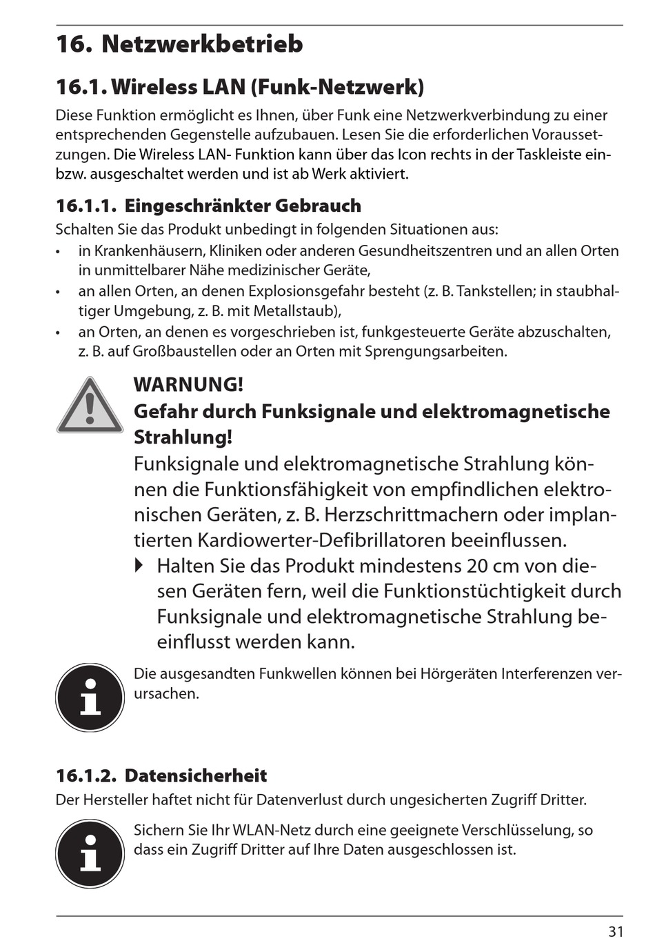 Netzwerkbetrieb; Wireless Lan Eingeschränkter Gebrauch