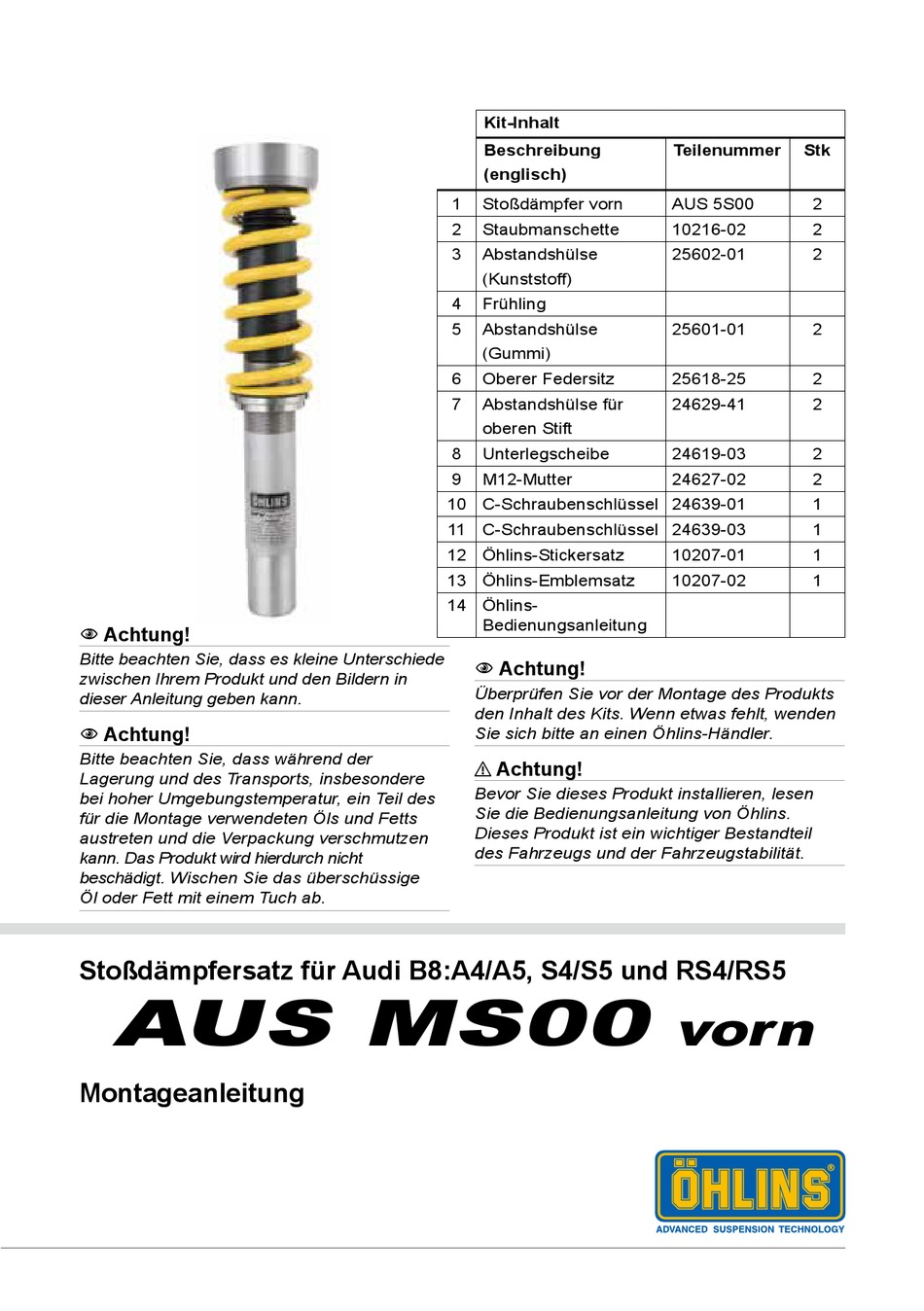 OHLINS AUS MS00 VORN MONTAGEANLEITUNG PdfHerunterladen ManualsLib