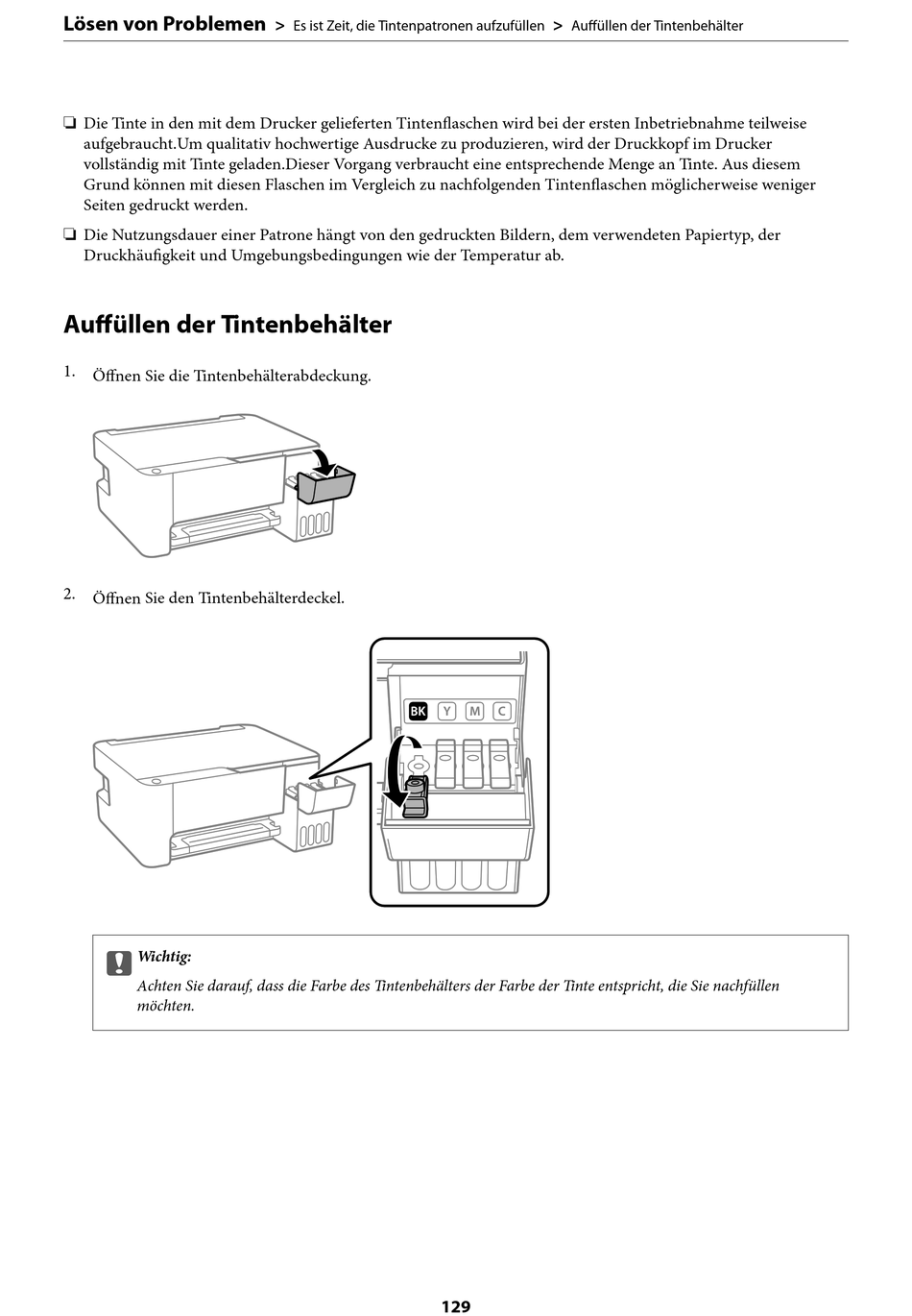 Auffüllen Der Tintenbehälter Epson Et 2810 Serie Benutzerhandbuch Seite 129 Manualslib 2832