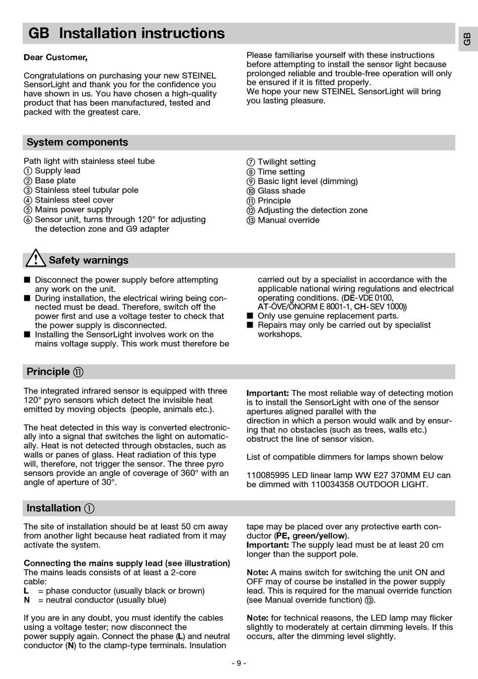 Gb Installation Instructions; System Components; Safety Warnings ...