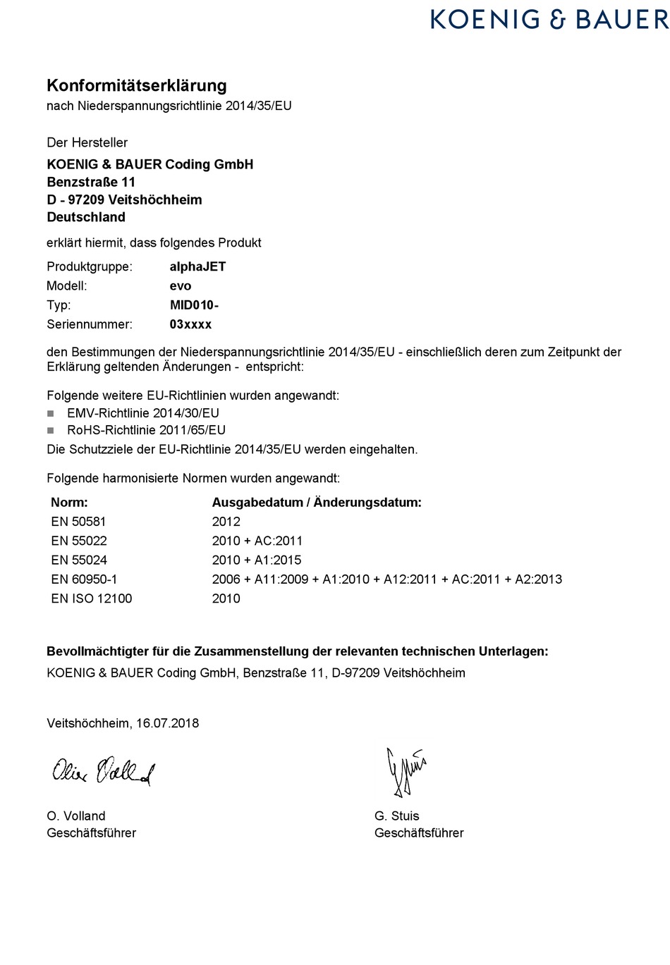 EgKonformitätserklärung Koenig & Bauer alphaJET evo