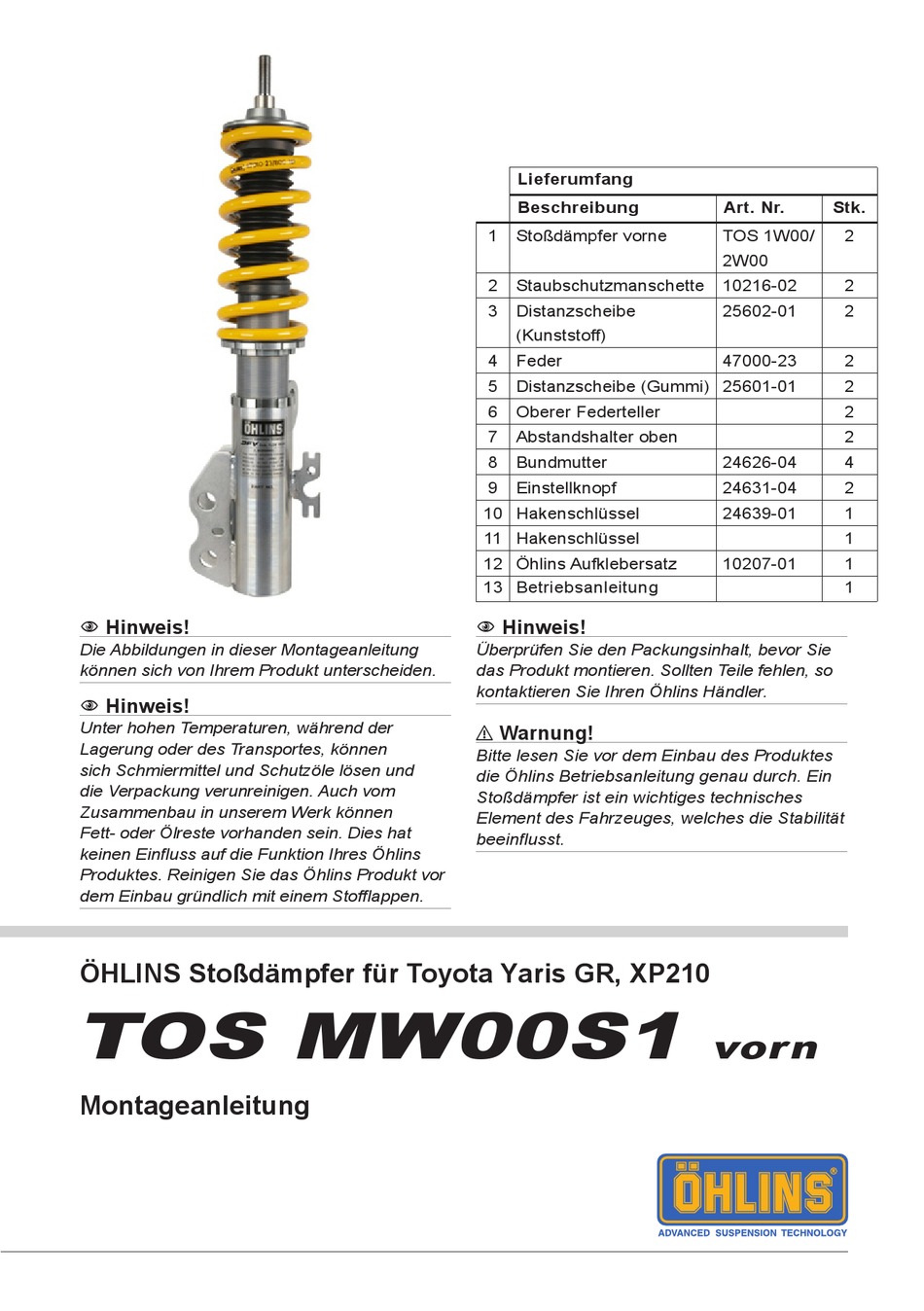 OHLINS TOS MW00S1 VORN MONTAGEANLEITUNG PdfHerunterladen ManualsLib