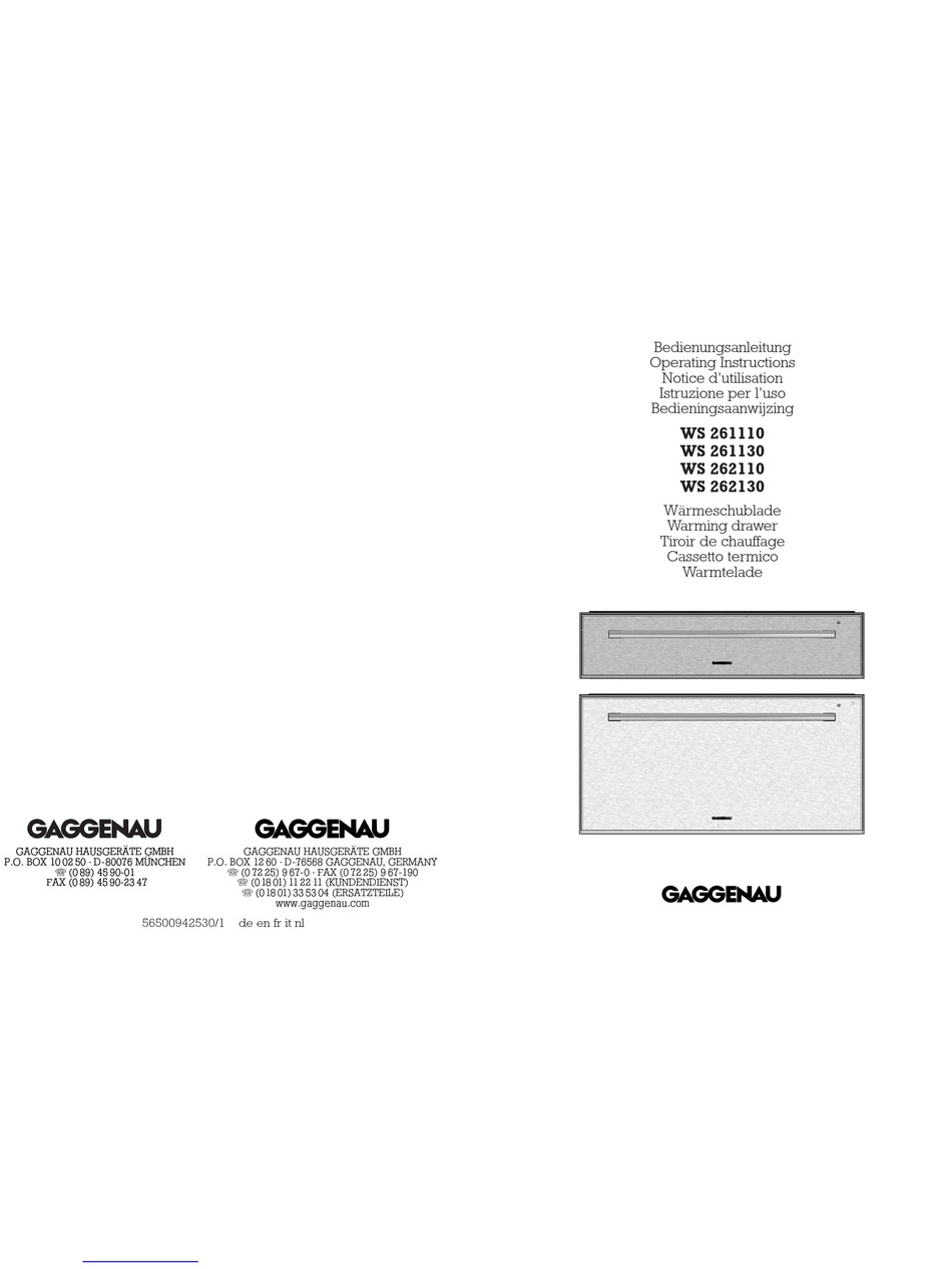 GAGGENAU WS 261110 BEDIENUNGSANLEITUNG PdfHerunterladen ManualsLib