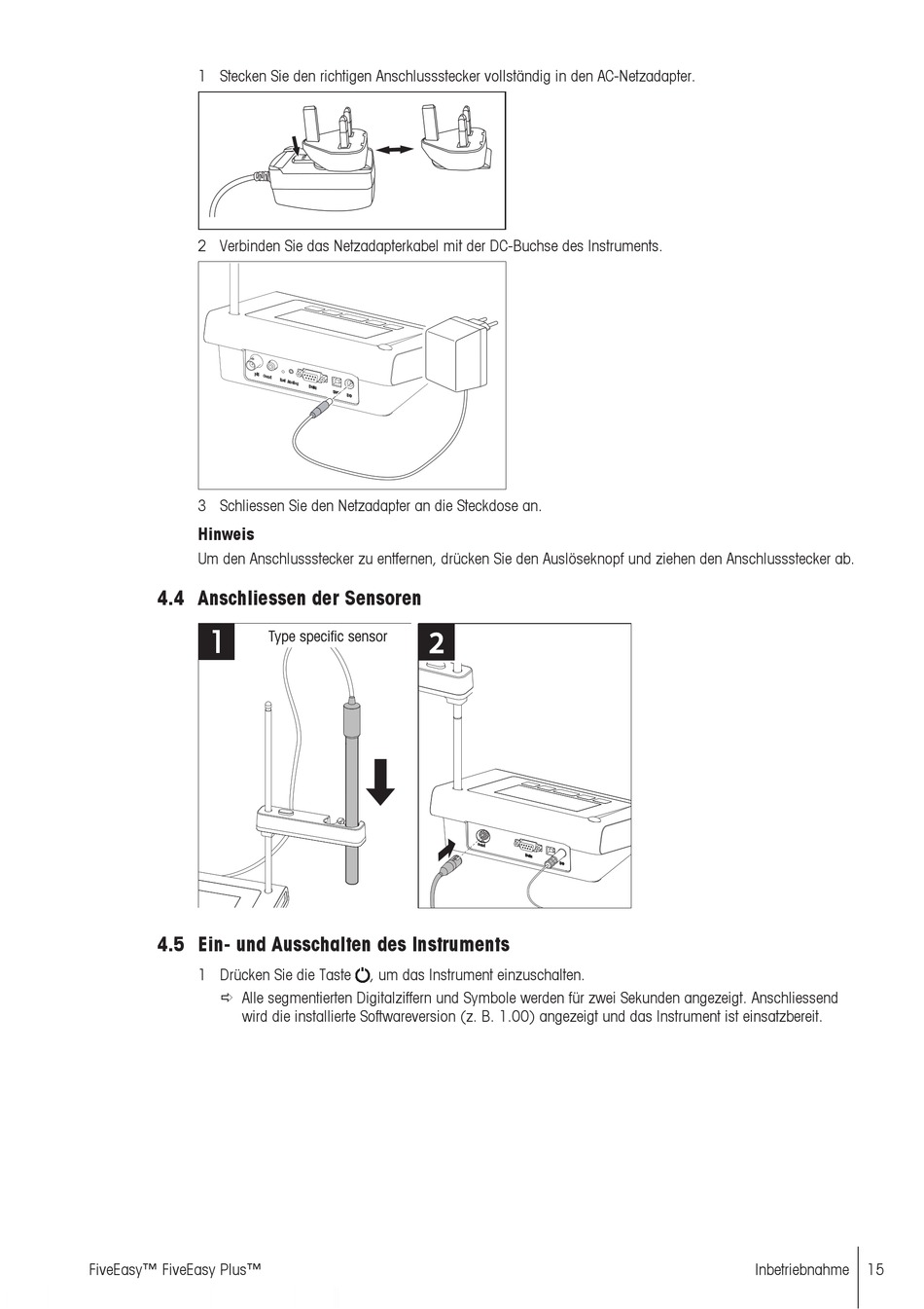 Anschliessen Der Sensoren; Ein Und Ausschalten Des Instruments