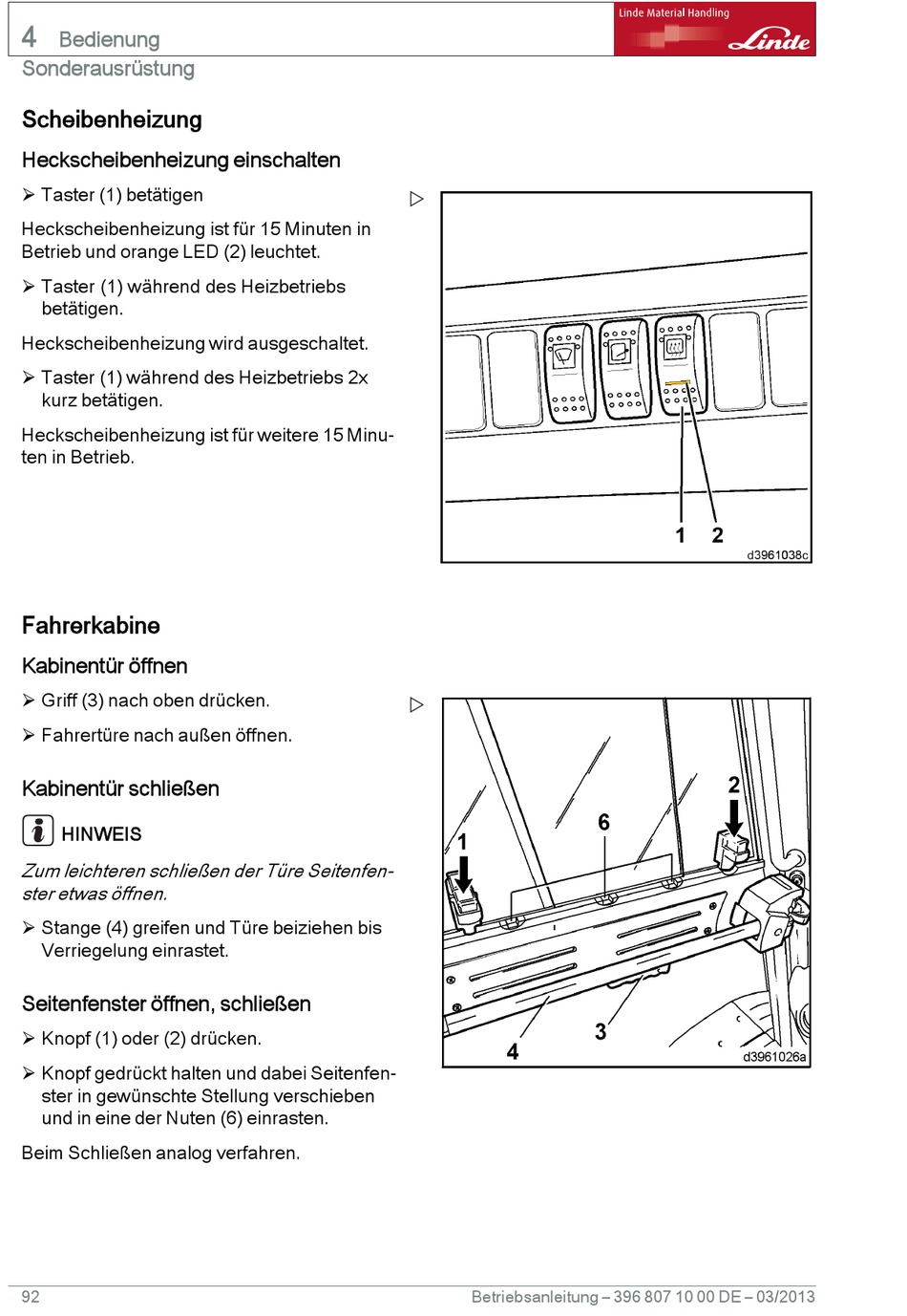 Scheibenheizung; Fahrerkabine Linde H50D Originalbetriebsanleitung
